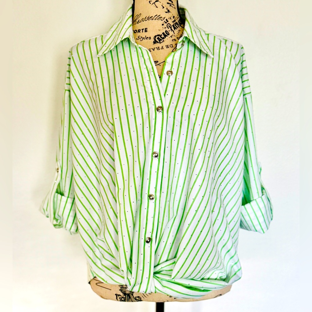 White with green Stripes oversized top.